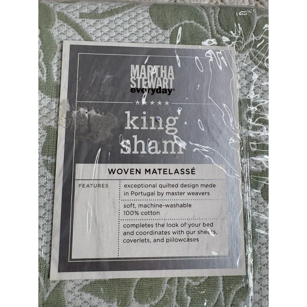 Lot of 3 Vtg 90s Martha Stewart Woven Matelasse Pillow King Shams Green on White